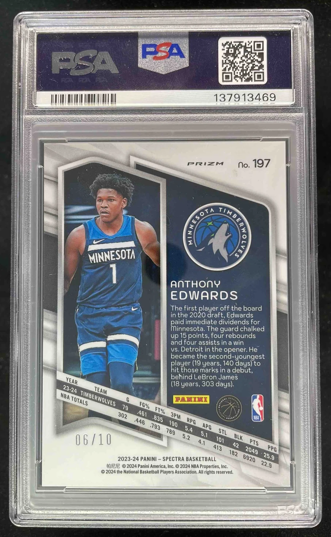 2023-24 Panini Spectra International Gold #197 Anthony Edwards /10 PSA 10 - Image 2