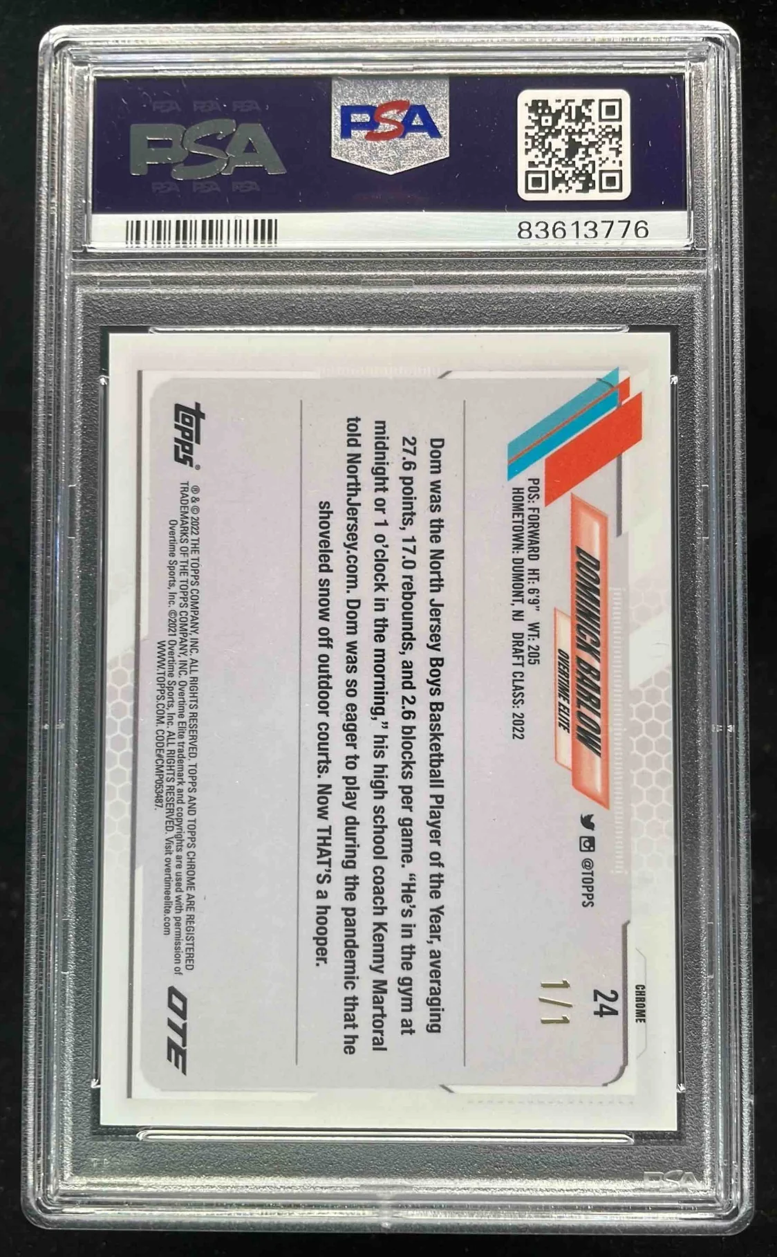 2021-22 Topps Chrome Overtime Elite SuperFractor #24 Dominick Barlow 1/1 PSA 10 - Image 2