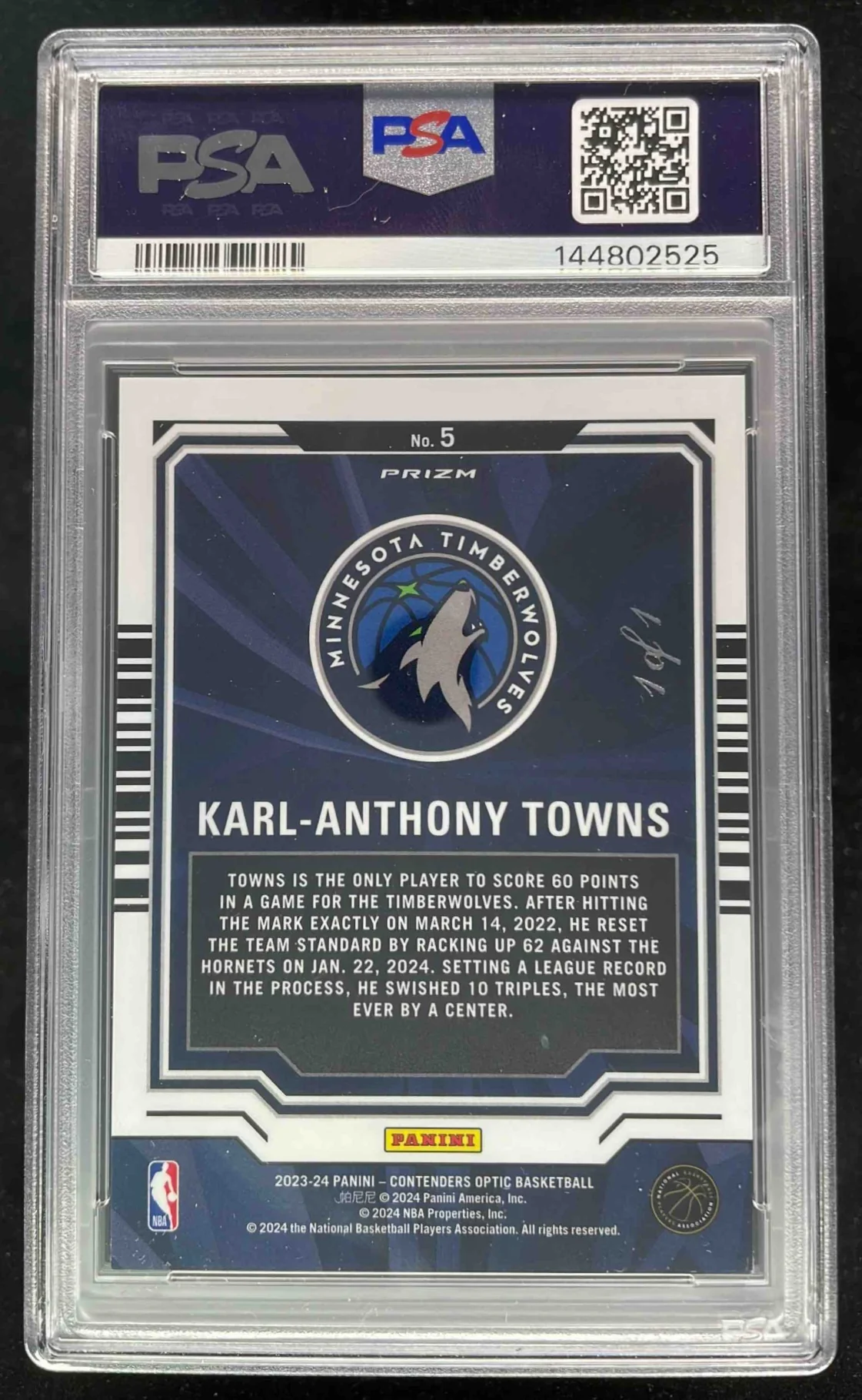 2023 Contenders Optic Numbers Games Gold Vinyl Karl-Anthony Towns 1/1 PSA 8 - Image 2