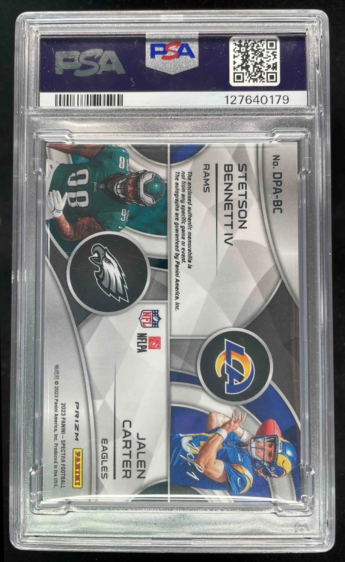2023 Spectra Auto Gold NFL Shield Stetson Bennett IV Jalen Carter RC 1/1 PSA 8 - Image 2