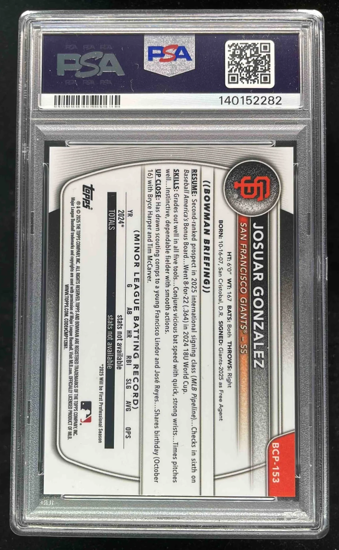 2025 Bowman Chrome Orange Refractor #BCP-153 Josuar Gonzalez RC /25 PSA 9 - Image 2