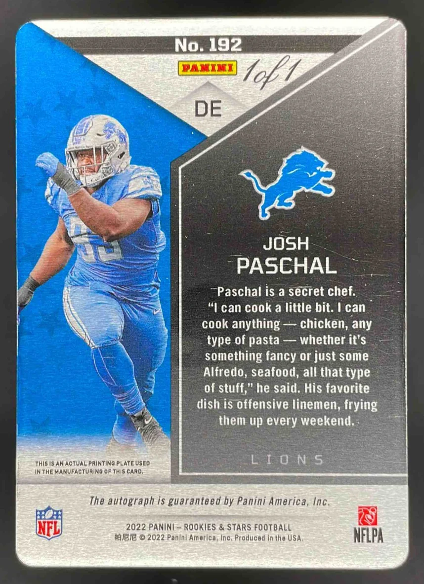 2022 Rookies & Stars Rookies Printing Plate Black #192 Josh Paschal RC Auto 1/1 - Image 2