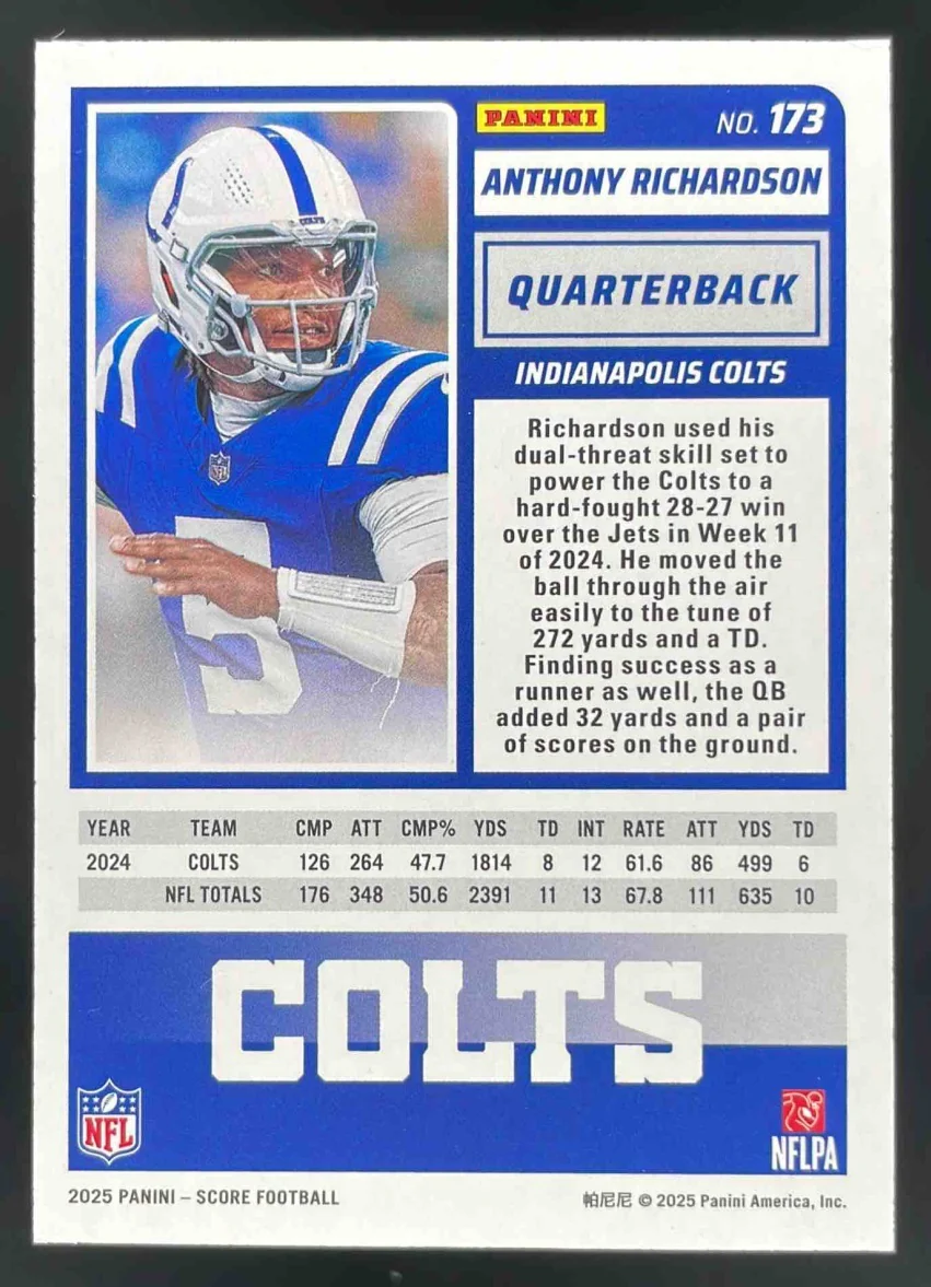 2025 Panini Score Black #173 Anthony Richardson 1/1 - Image 2