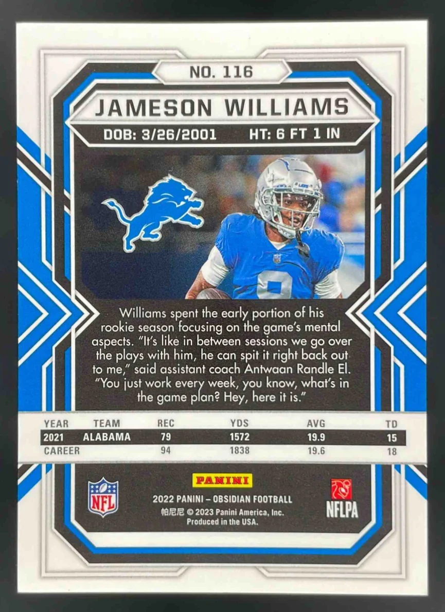 2022 Panini Obsidian Electric Etch Contra #116 Jameson Williams RC - Image 2