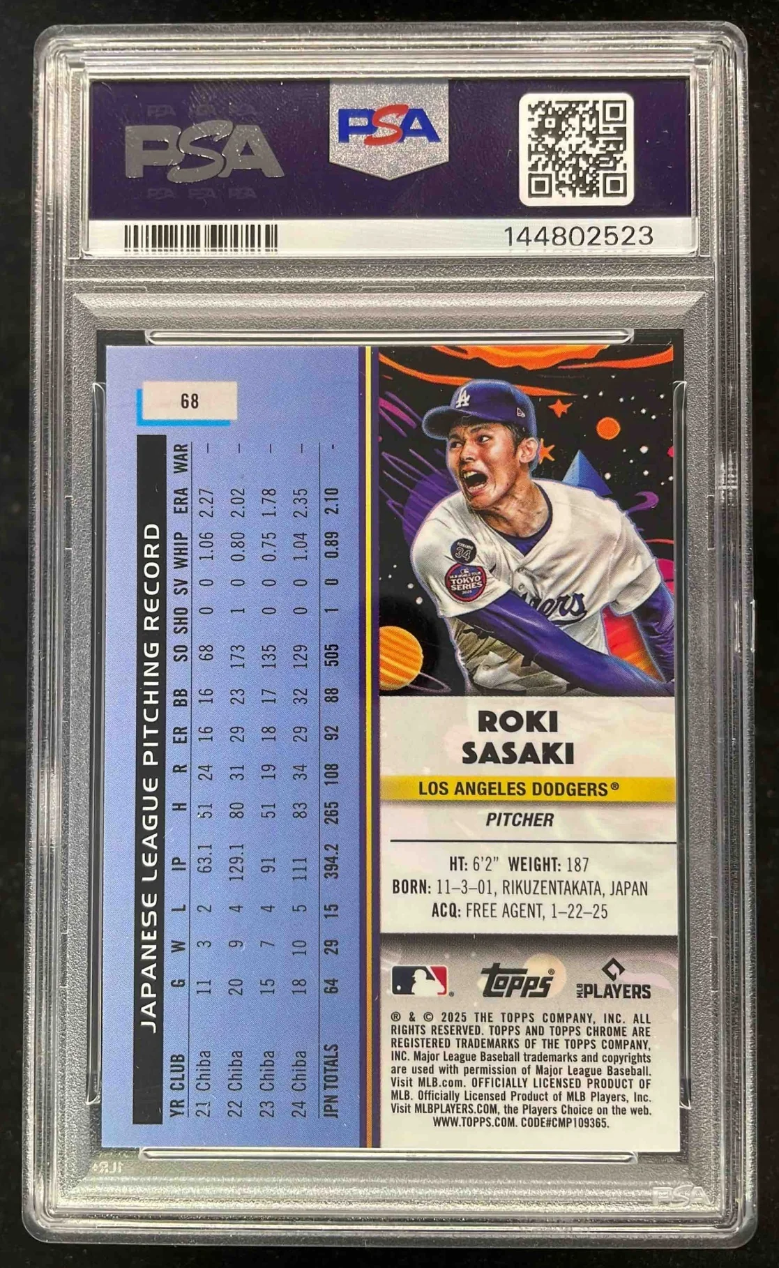 2025 Topps Cosmic Chrome Aqua Equinox Refractor #68 Roki Sasaki RC /199 PSA 10 - Image 2