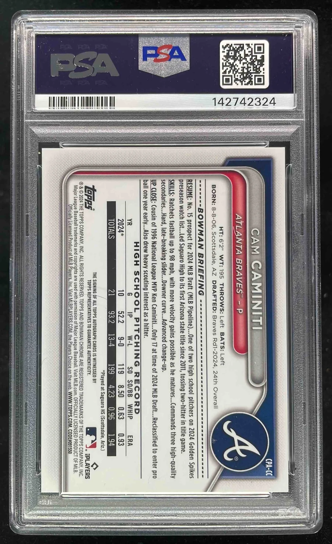 2024 Bowman Draft Chrome HTA Choice Refractor Cam Caminiti RC Auto /150 PSA 10 - Image 2