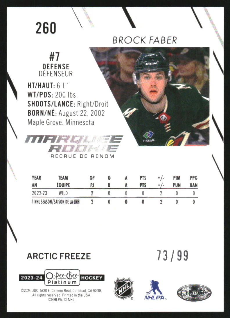 2023-24 O-Pee-Chee Platinum Arctic Freeze #260 Brock Faber RC /99 - Image 2