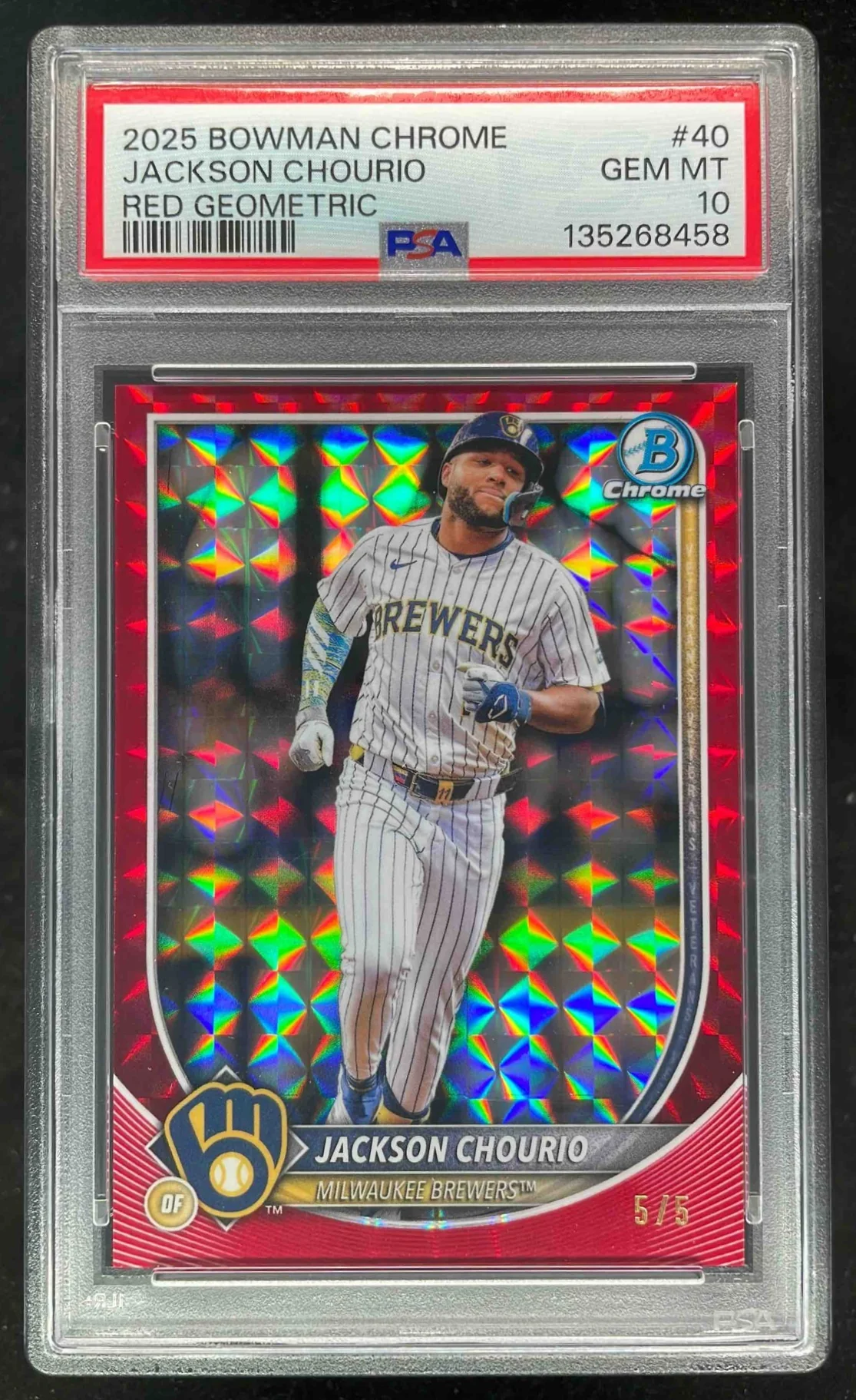 2025 Bowman Chrome Red Geometric Refractor #40 Jackson Chourio /5 PSA 10