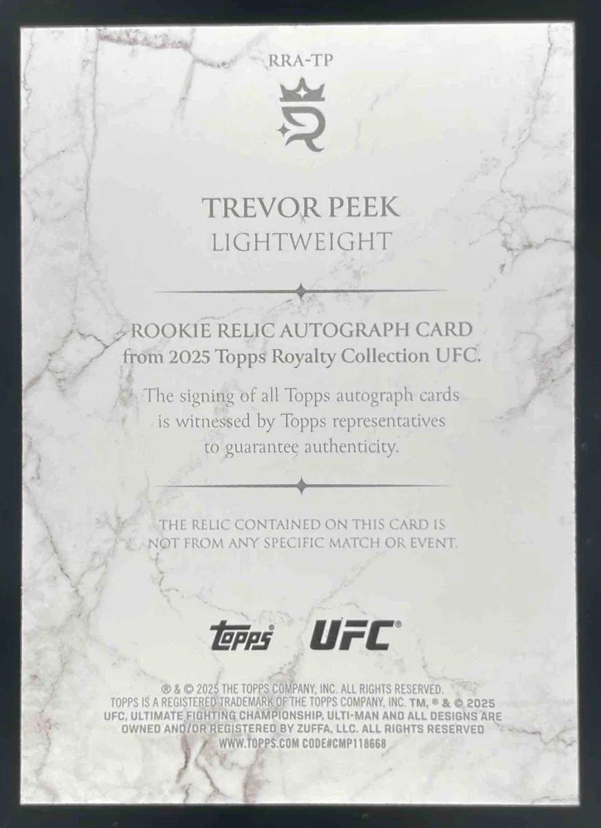 2025 Topps UFC Royalty Rookie Relic Autograph Gold #TP Trevor Peek RC Auto /10 - Image 2