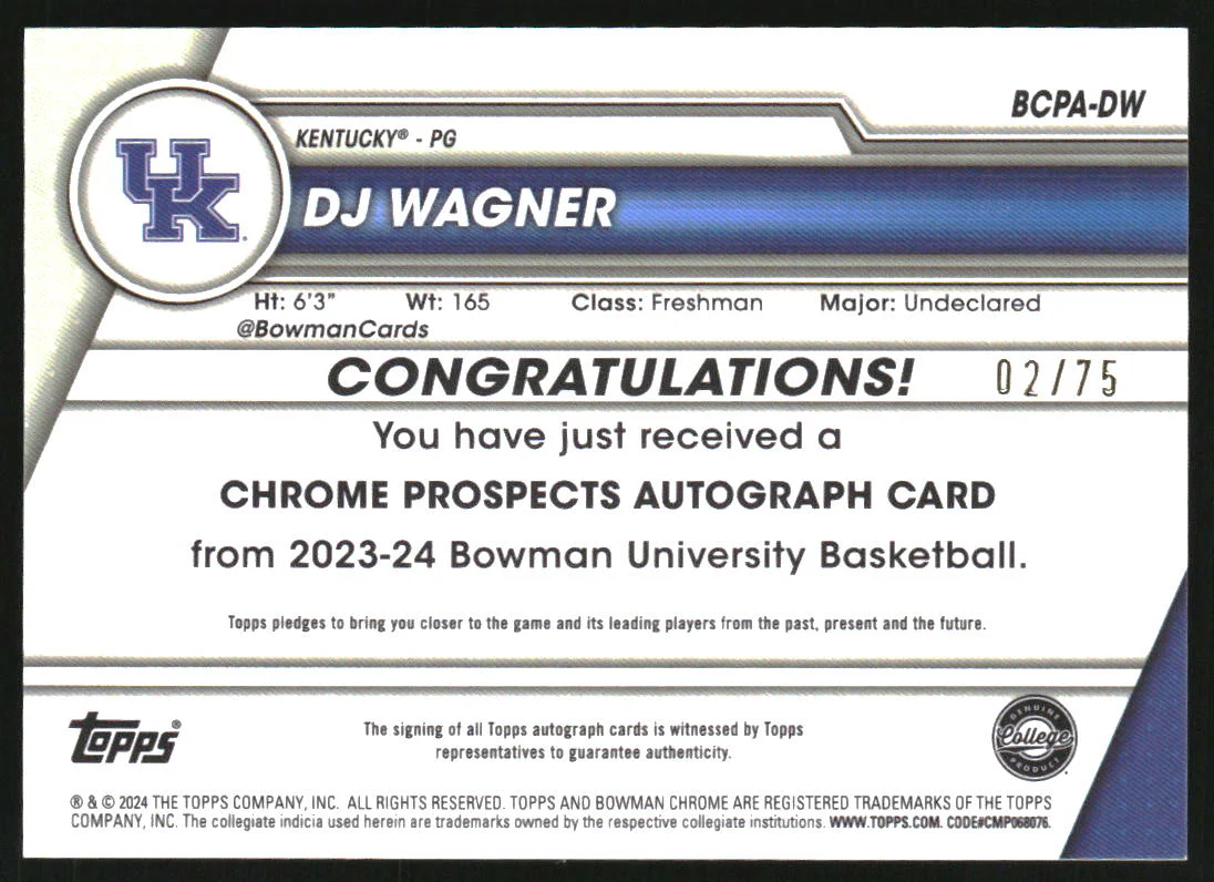 2023-24 Bowman Chrome University Prospect Autograph Yellow DJ Wagner RC Auto /75 - Image 2