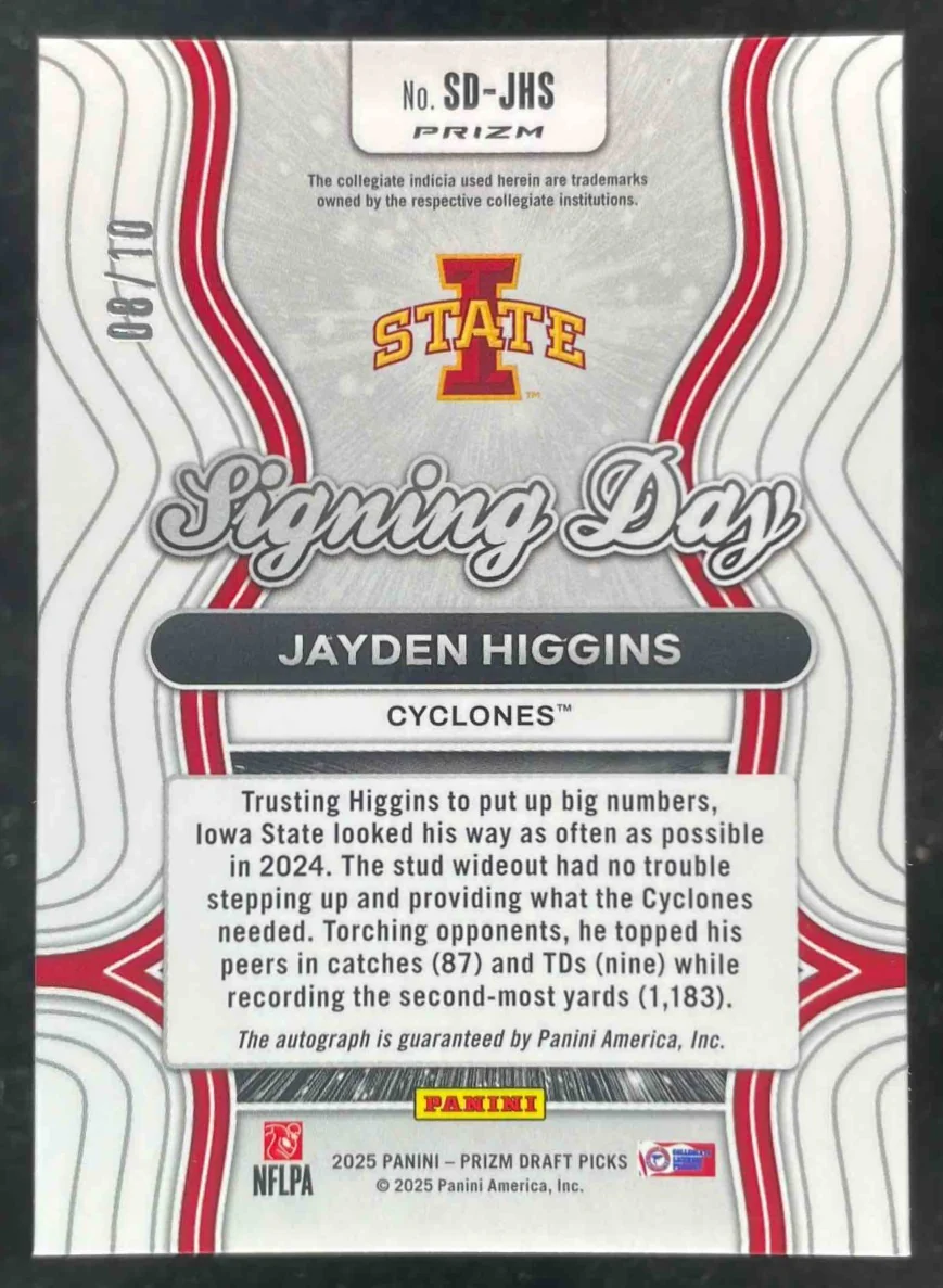 2025 Panini Prizm Draft Signing Day Gold Prizm #SD-JHS Jayden Higgins Auto /10 - Image 2