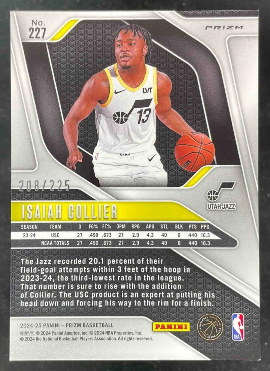 2024-25 Panini Prizm Teal Ice Prizm #227 Isaiah Collier RC /225 - Image 2