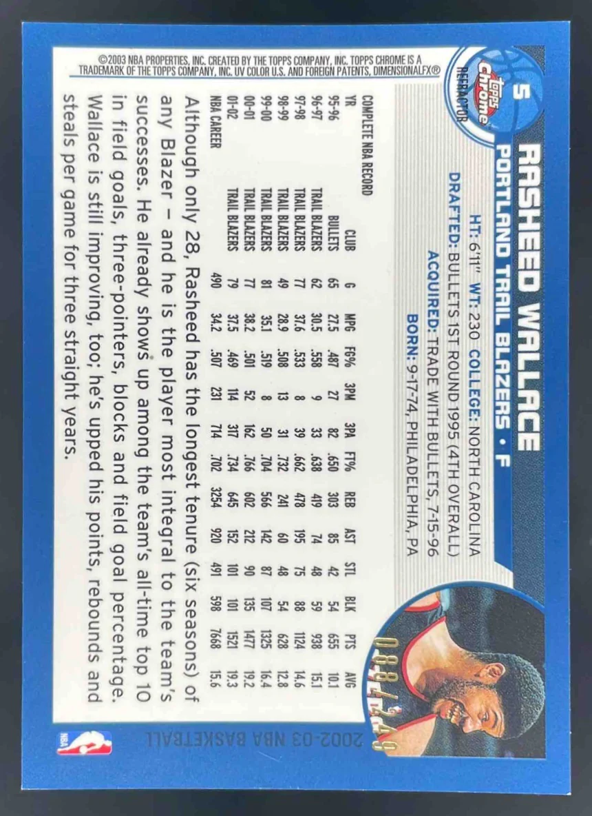 2002-03 Topps Chrome Refractors White Border #5 Rasheed Wallace /249 - Image 2