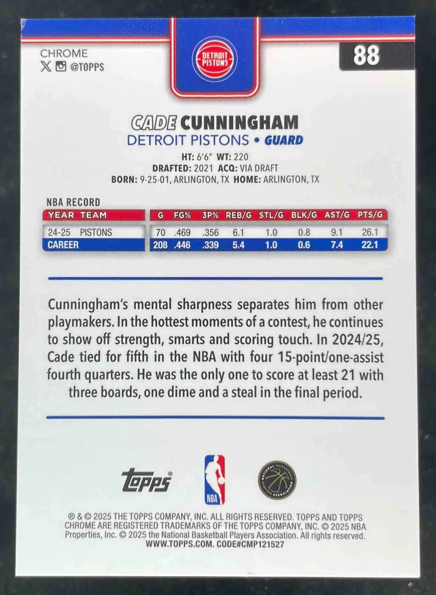 2025-26 Topps Chrome Pulsar Gold Refractor #88 Cade Cunningham /50 - Image 2