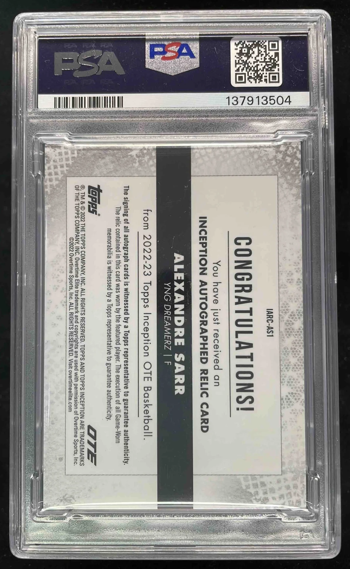 2021-22 Inception Overtime Elite Jersey OTE Logo Alexandre Sarr Auto 1/1 PSA 9 - Image 2