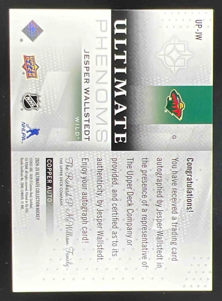 2024 Ultimate Collection Phenoms Auto #UP-JW Jesper Wallstedt Autograph Auto - Image 2