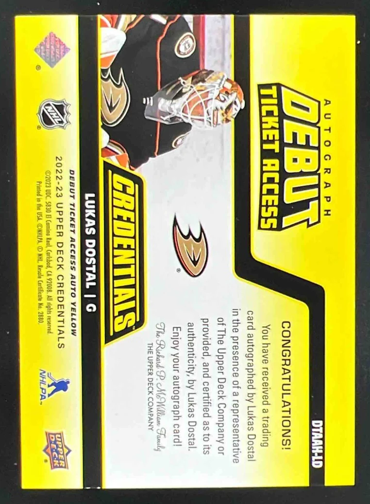 2024 UD Credentials Horizontal Debut Ticket Access Yellow Lukas Dostal Auto /49 - Image 2