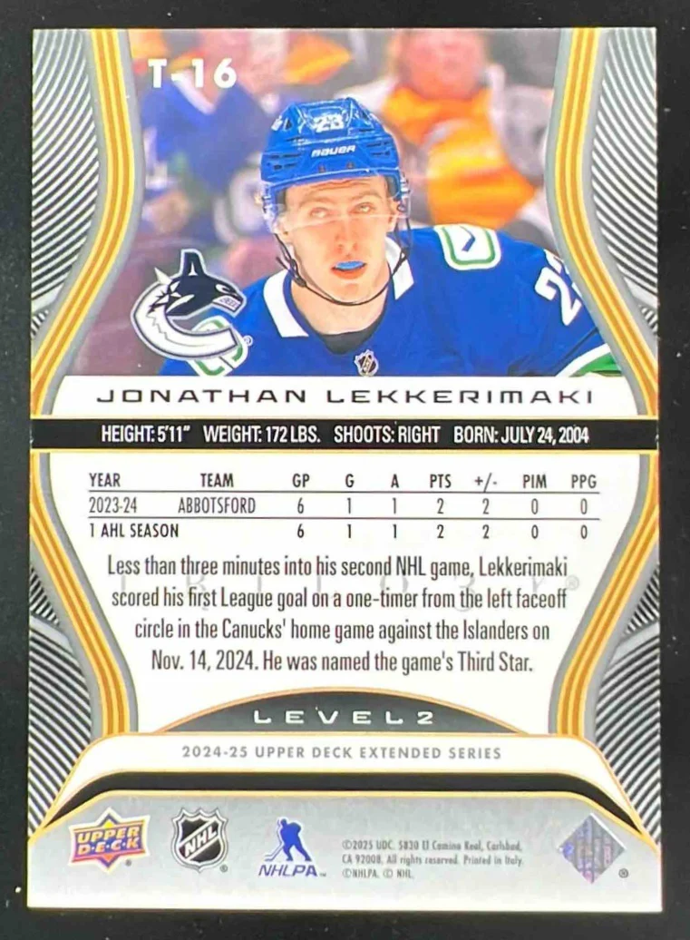 2024-25 Upper Deck Extended Series Trilogy Premiere Jonathan Lekkerimaki RC /499 - Image 2