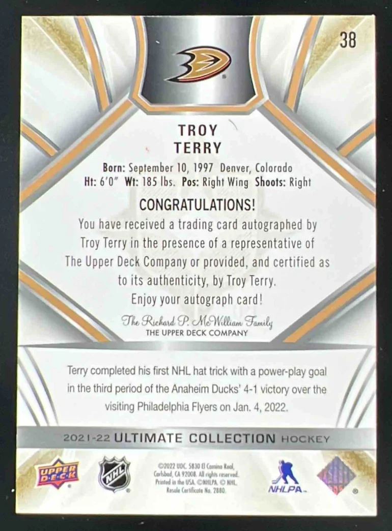 2021-22 Upper Deck Ultimate Collection Gold #38 Troy Terry Autograph Auto /35 - Image 2