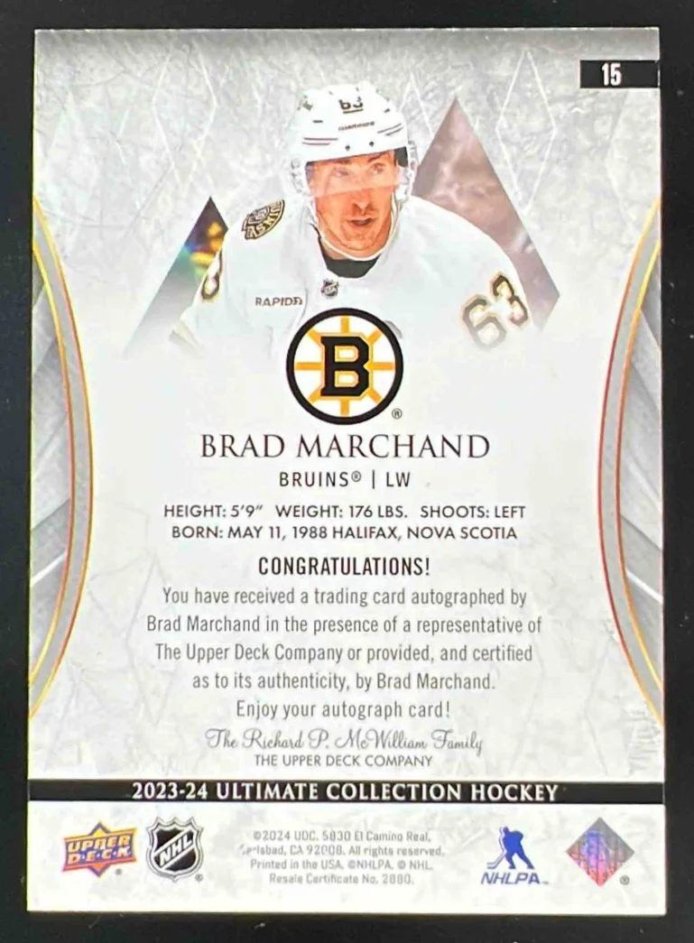 2023-24 Upper Deck Ultimate Collection #15 Brad Marchand Auto - Image 2