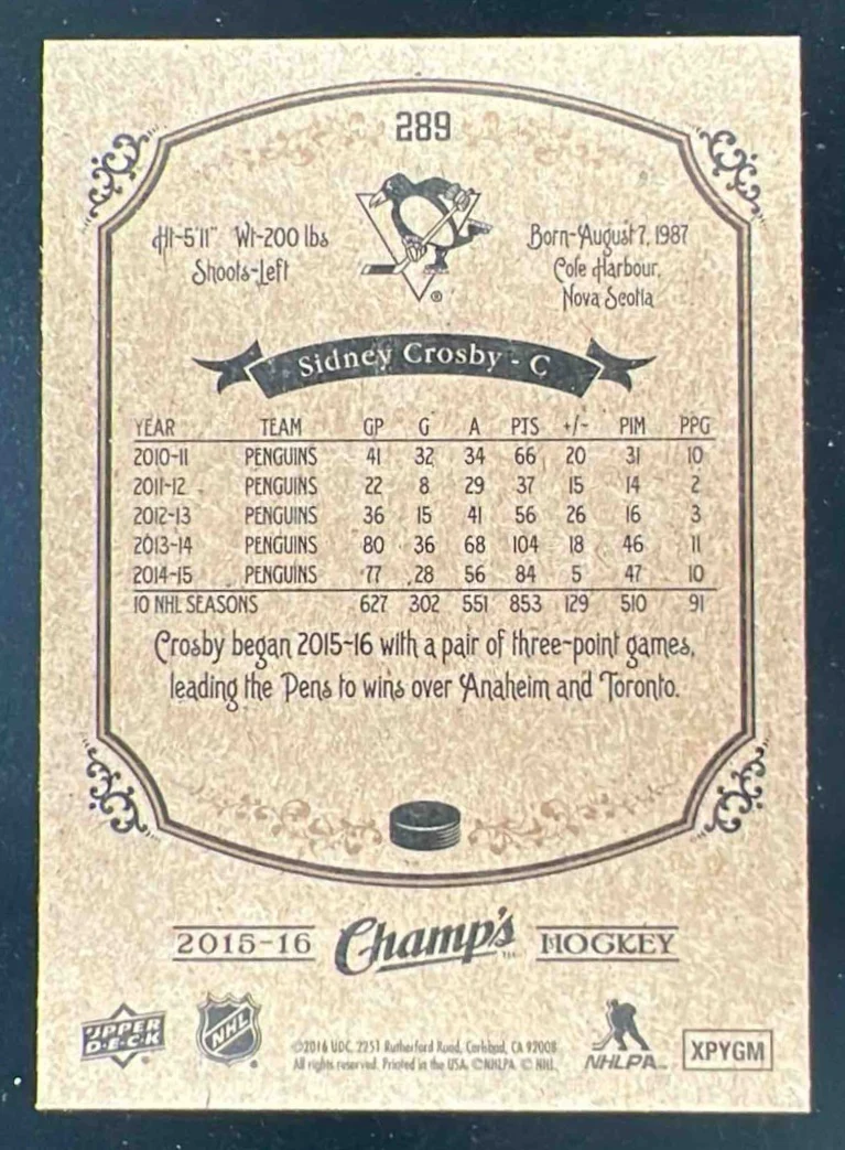 2015-16 Upper Deck Champ's Gold #289 Sidney Crosby - Image 2