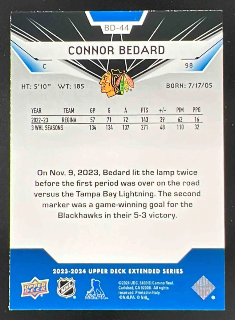 2023-24 Upper Deck Extended Series Black Diamond Retros #BD-44 Connor Bedard RC - Image 2