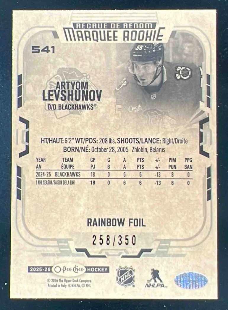 2025-26 Upper Deck O-Pee-Chee Rainbow Foil #541 Artyom Levshunov RC /350 - Image 2