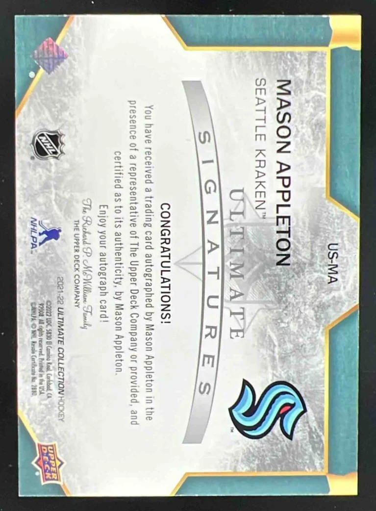 2021 Ultimate Collection Signature Gold #US-MA Mason Appleton Autograph Auto /10 - Image 2