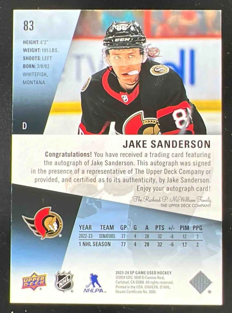 2023-24 Upper Deck SP Game Used Auto #83 Jake Sanderson Autograph Auto - Image 2