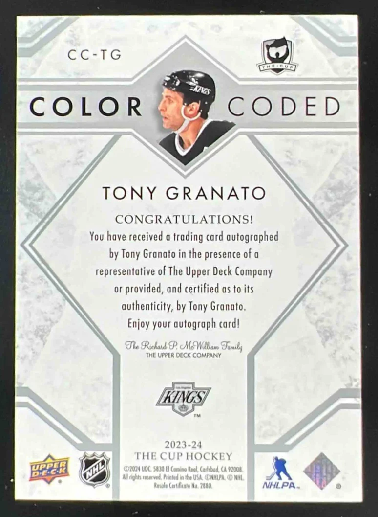 2023-24 Upper Deck The Cup Color Coded #CC-TG Tony Granato Autograph Auto - Image 2