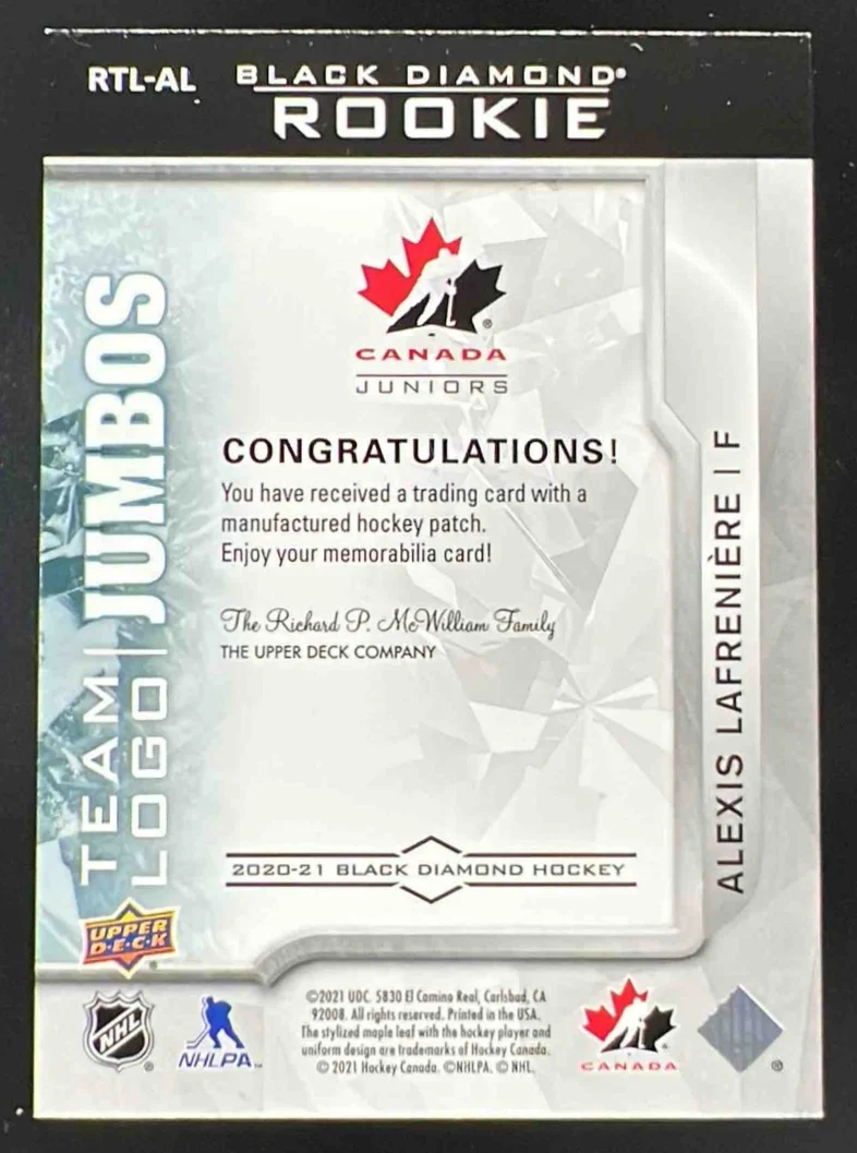 2020 Black Diamond Rookie Team Logo Jumbo Patches #RTL-AL Alexis Lafreniere RC - Image 2