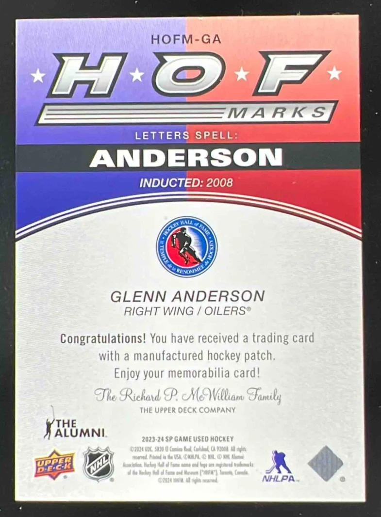 2023-24 Upper Deck SP Game Used HOF Marks #HOFM-GA Glenn Anderson /35 - Image 2