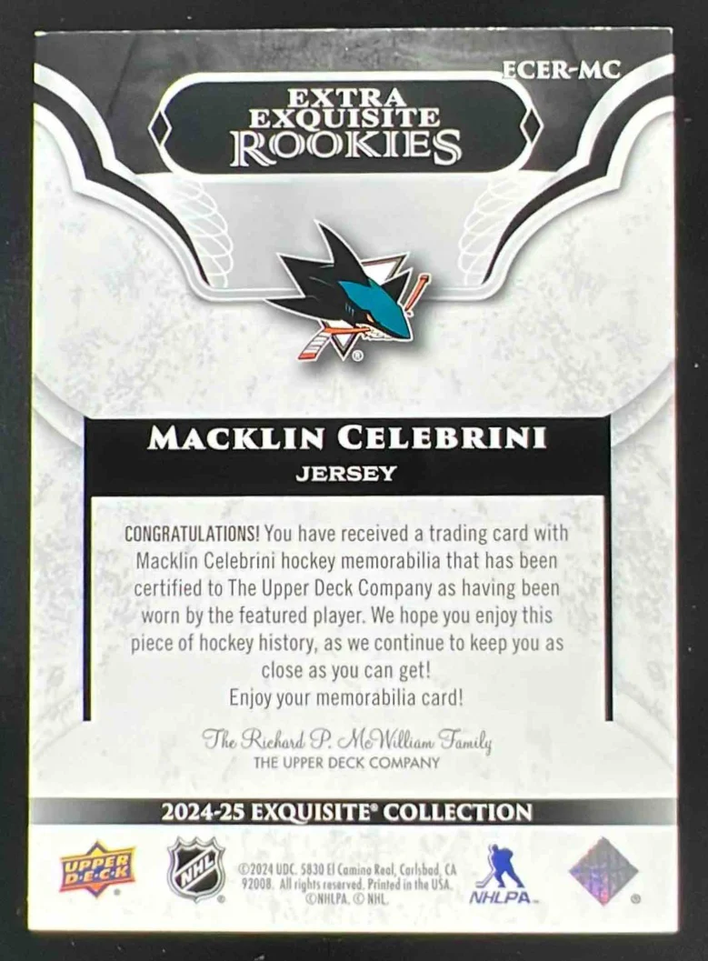 2024 Black Diamond Exquisite Collection Extra Jersey Macklin Celebrini RC /349 - Image 2
