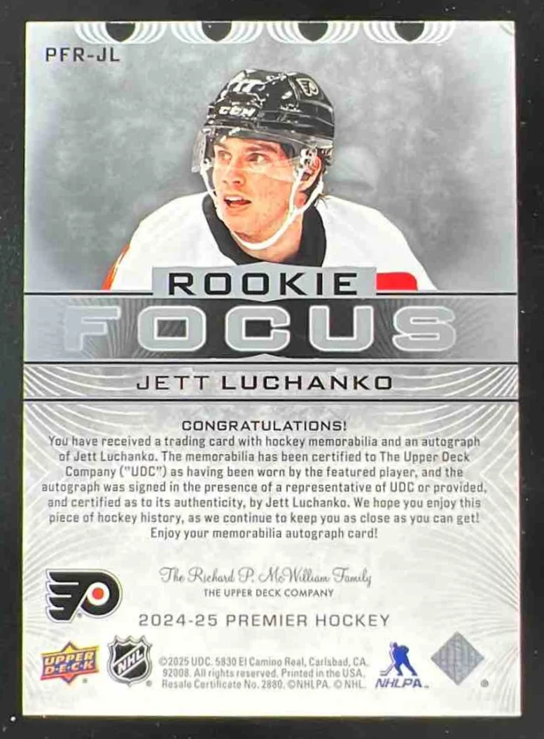 2024-25 Upper Deck Premier Focus Patch Rookies #PFR-JL Jett Luchanko Auto /99 - Image 2