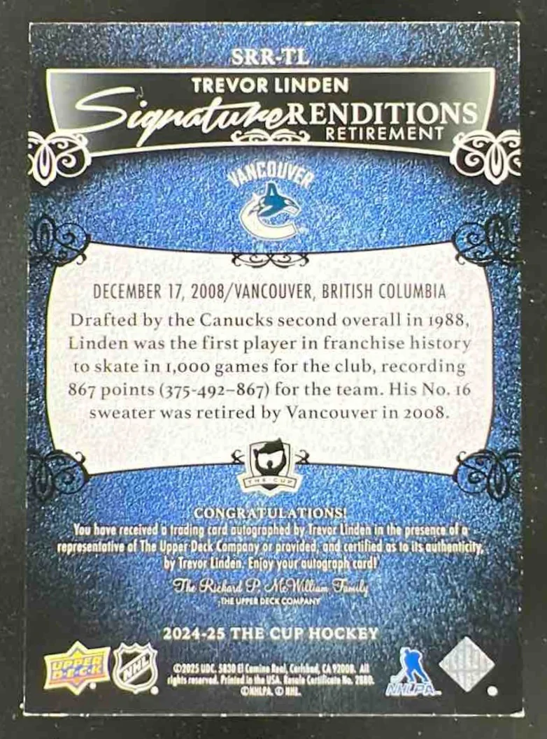 2024 The Cup Signature Renditions Retirement #SRRTL Trevor Linden Autograph Auto - Image 2
