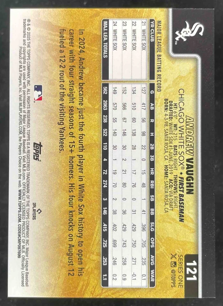 2025 Topps Golden Mirror Variation SSP #121 Andrew Vaughn - Image 2