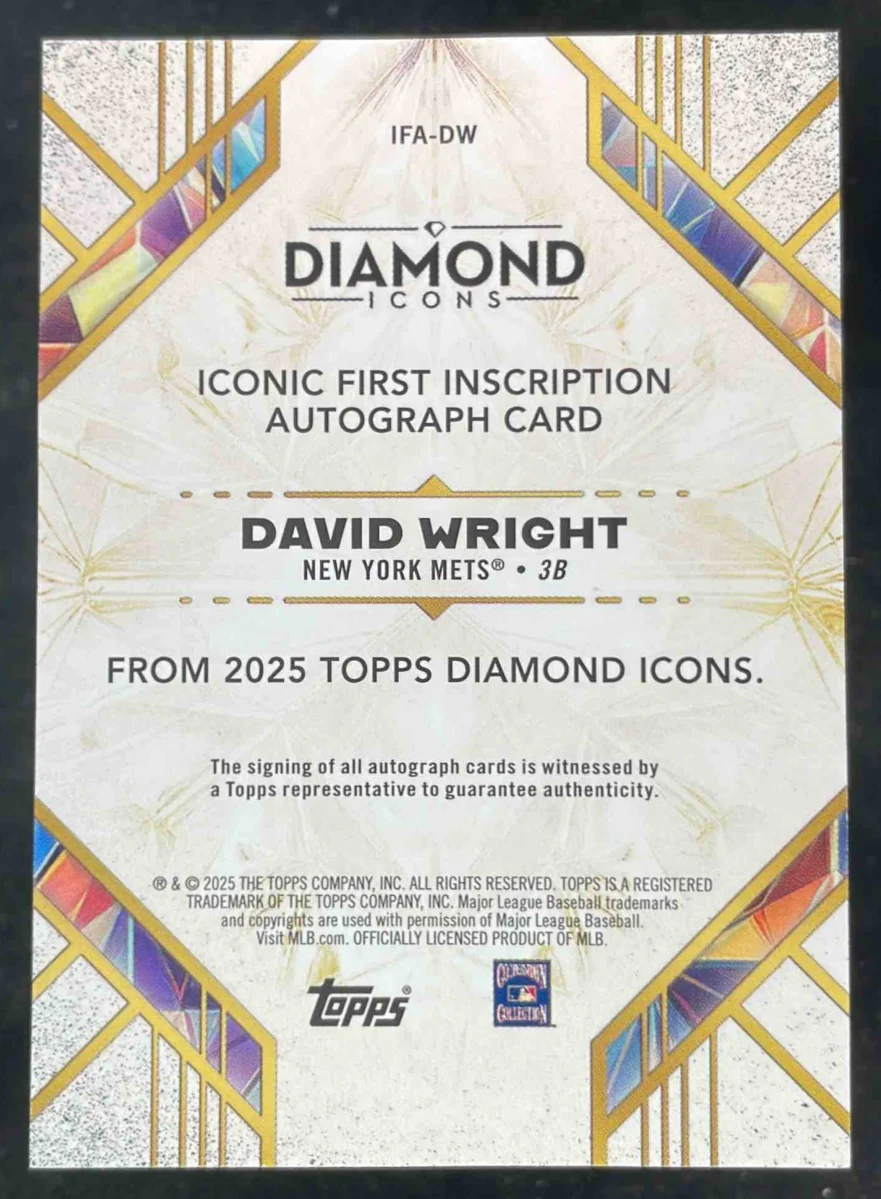 2025 Topps Diamond Icons Iconic Firsts Inscription Blue David Wright Auto /15 - Image 2
