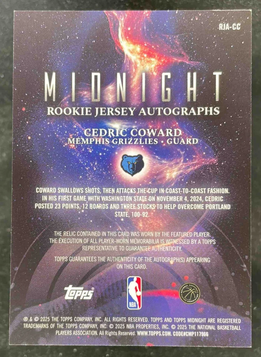 2025-26 Topps Midnight Rookie Jersey Twilight #RJA-CC Cedric Coward RC Auto /199 - Image 2