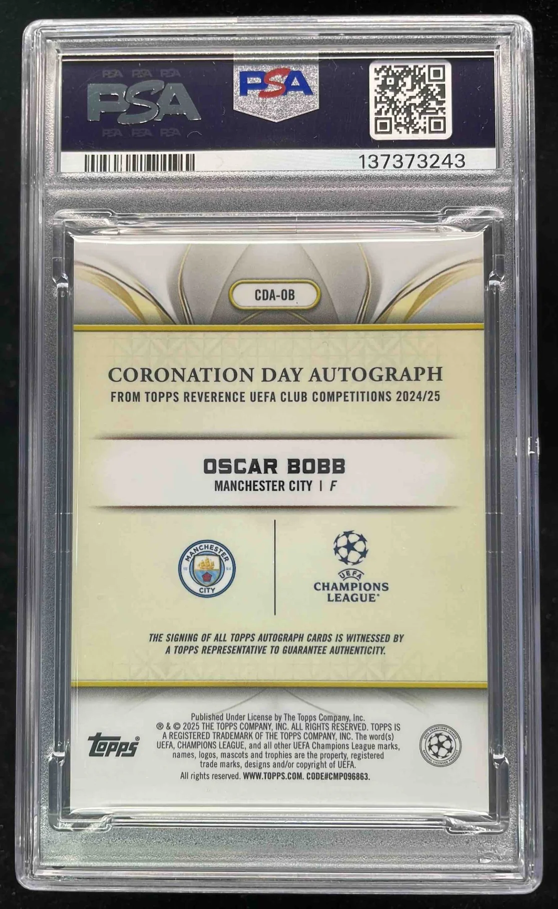 2024-25 Topps Reverence Coronation Day Black #CDA-OB Oscar Bobb Auto /10 PSA 9 - Image 2