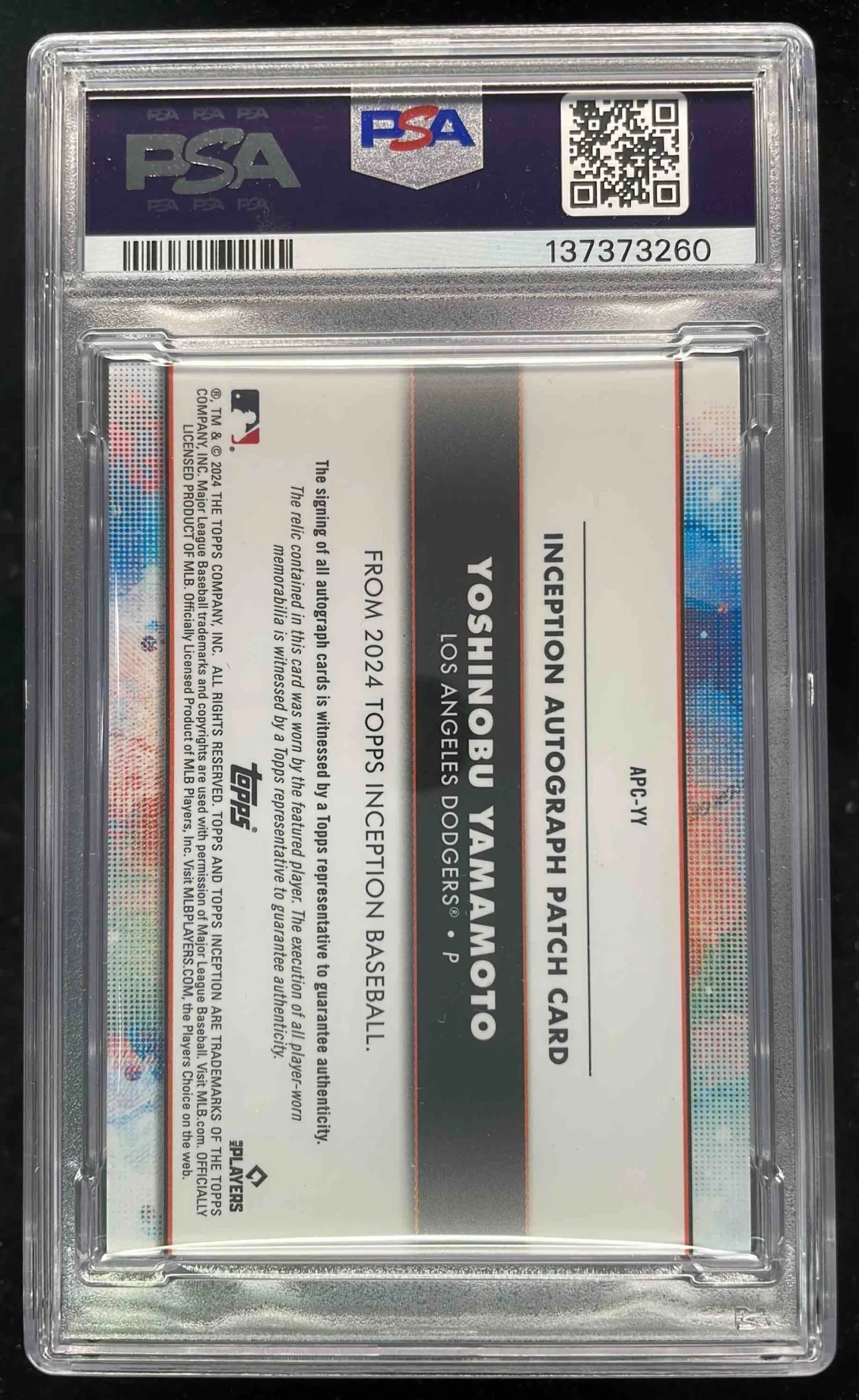 2024 Topps Inception Patch Cards Red #YY Yoshinobu Yamamoto RC Auto /25 PSA 10 - Image 2