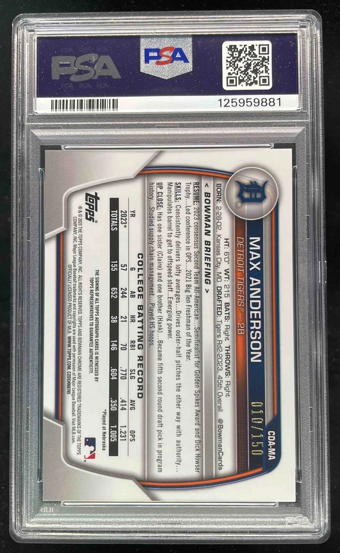 2023 Bowman Draft Chrome Blue Wave Refractor Max Anderson RC Auto /150 PSA 10 - Image 2