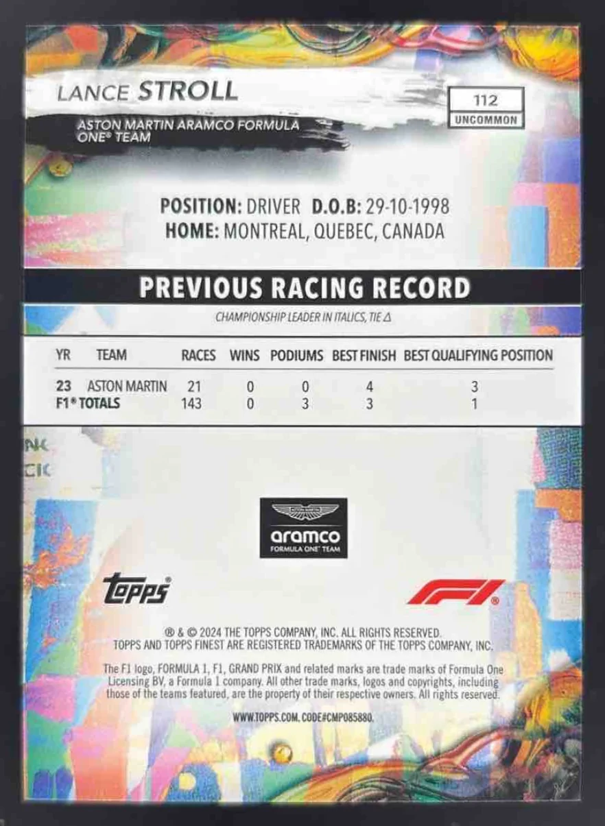 2024 Topps Finest Formula 1 Gold Refractors #112 Lance Stroll Uncommon /25 - Image 2