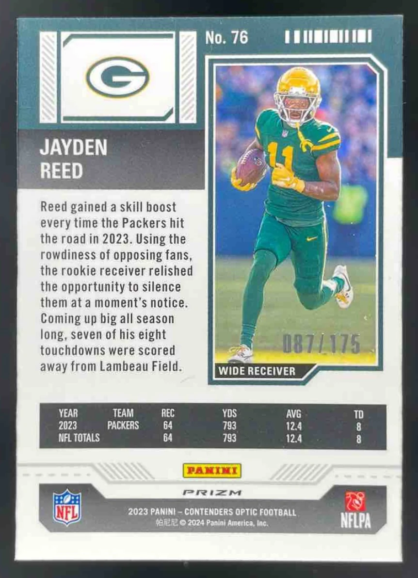 2023 Panini Contenders Optic Red #76 Jayden Reed RC Rookie Ticket /175 - Image 2