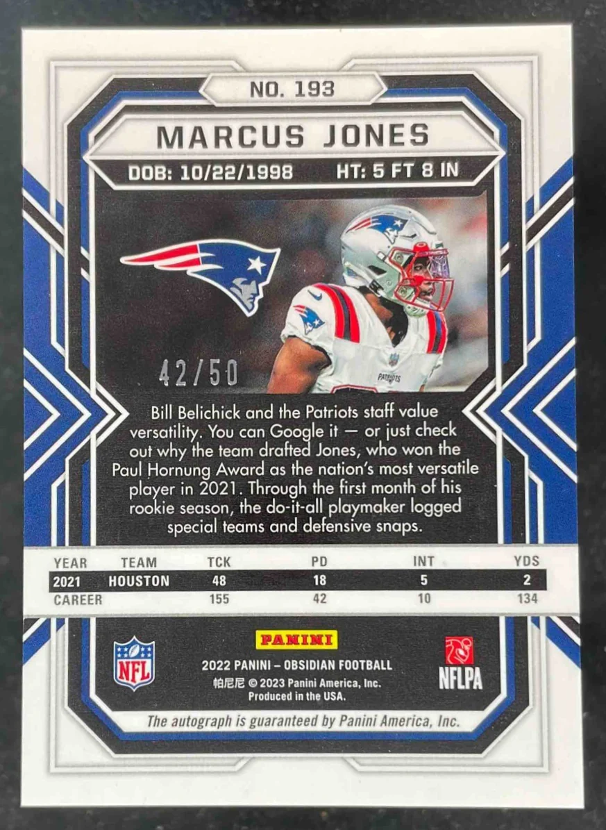 2022 Panini Obsidian Rookie Autos Electric Green #193 Marcus Jones RC Auto /50 - Image 2