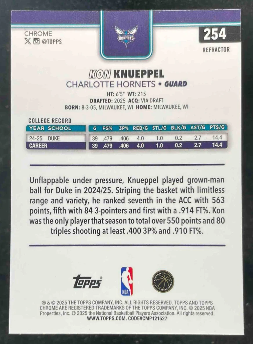 2025-26 Topps Chrome Refractor #254 Kon Knueppel RC - Image 2