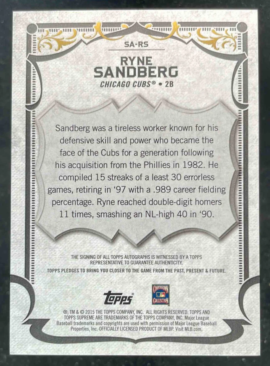 2015 Topps Supreme #SA-RS Ryne Sandberg Auto - Image 2
