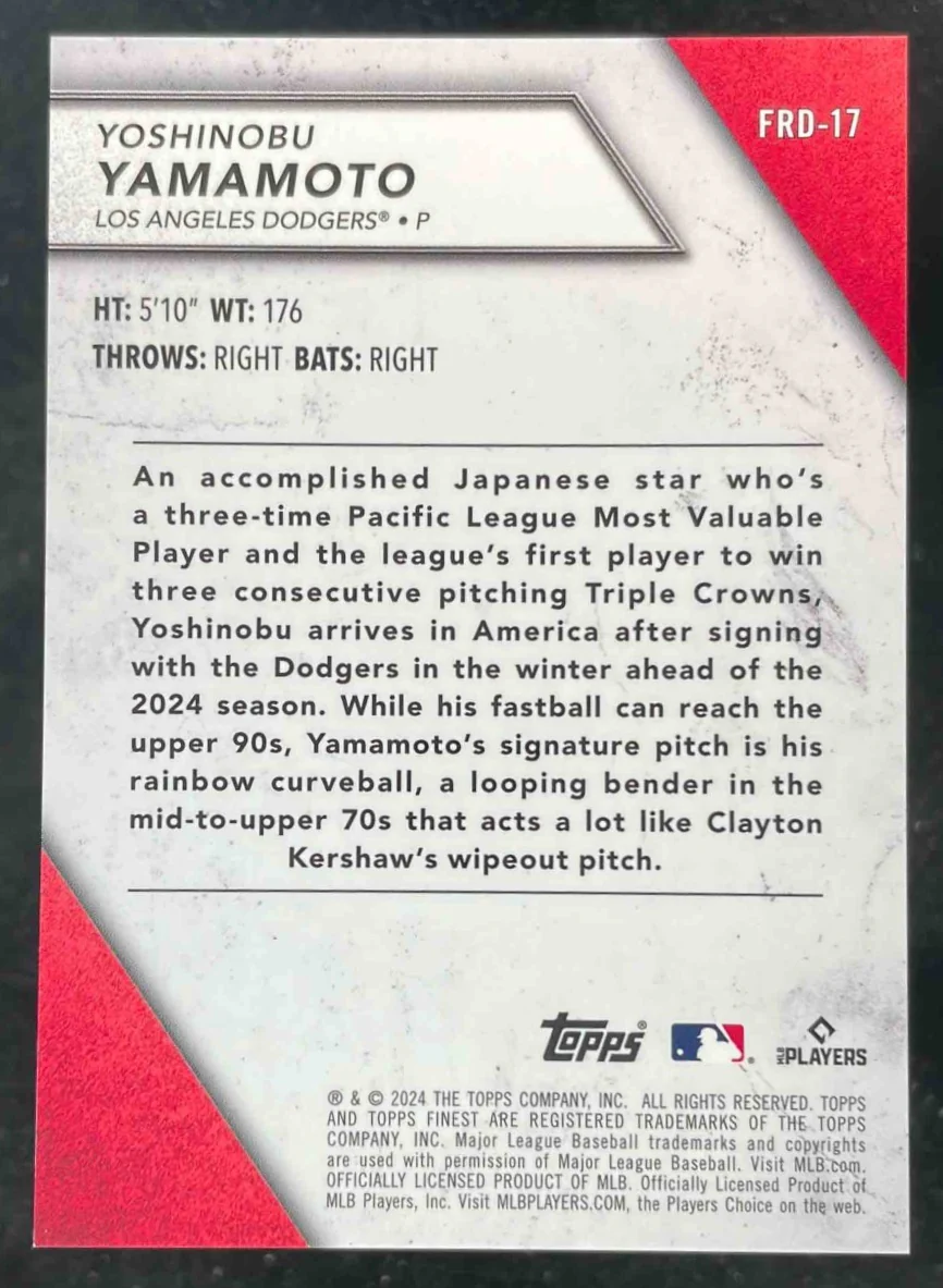 2024 Topps Finest Rookies Design Variations Orange Yoshinobu Yamamoto RC /25 - Image 2