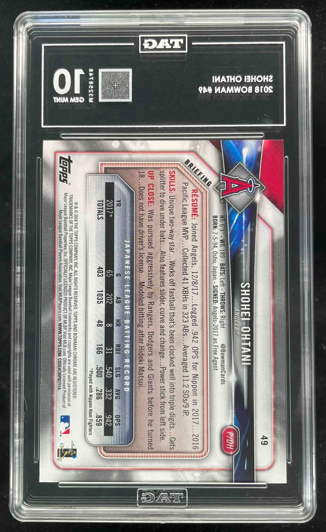 2018 Bowman #49 Shohei Ohtani RC TAG 10 - Image 2