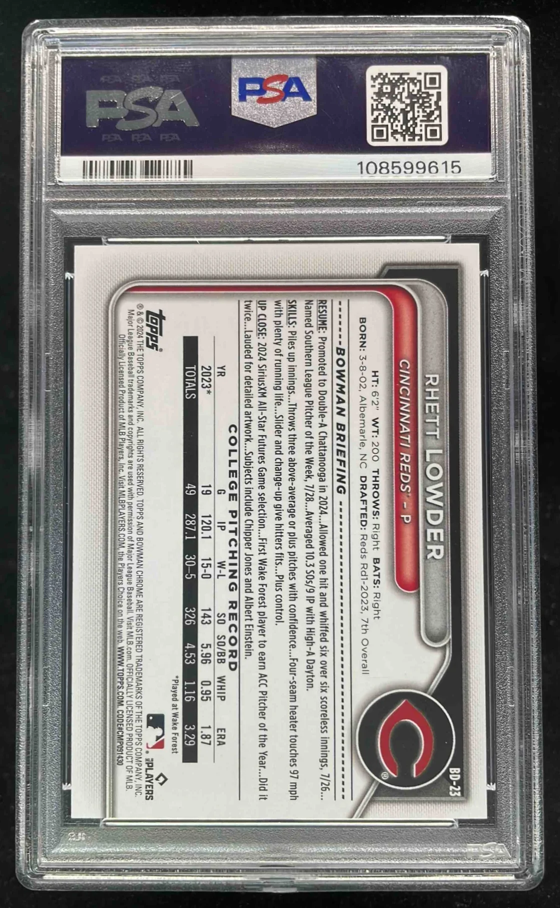2024 Bowman Draft Black #BD-23 Rhett Lowder 1/1 PSA 8 - Image 2
