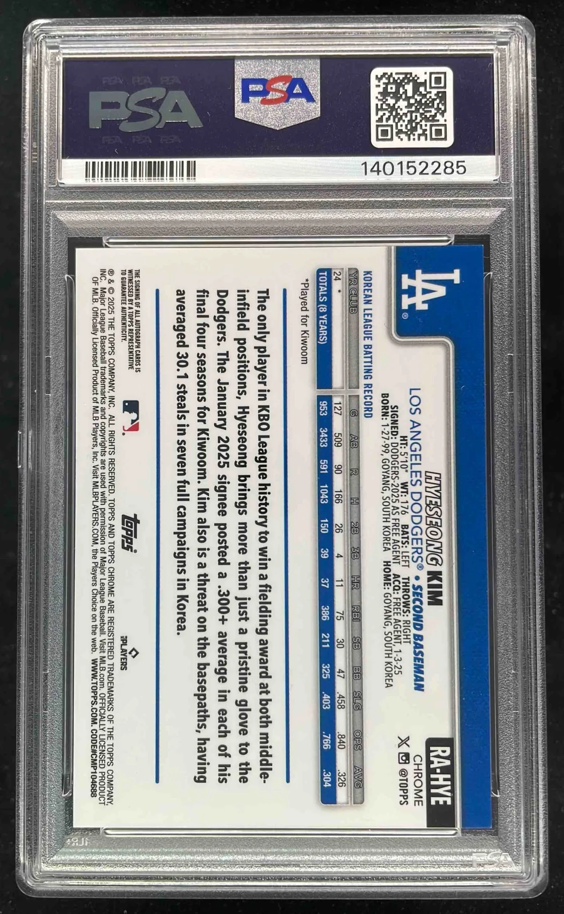 2025 Topps Chrome Sapphire Rookie Orange #RA-HYE Hyeseong Kim RC Auto /25 PSA 9 - Image 2